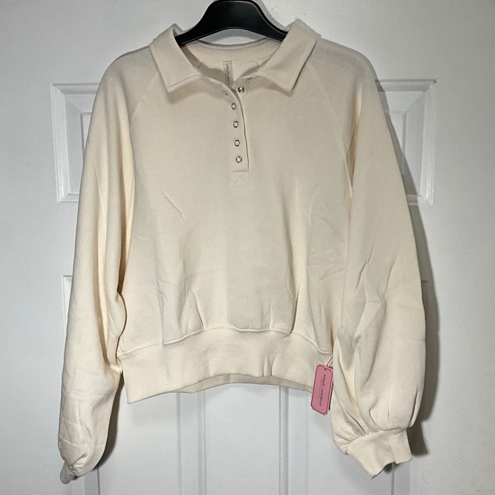 Simply Southern Pearl Cream Polo Collar Snap Button Sweatshirt Small NEW